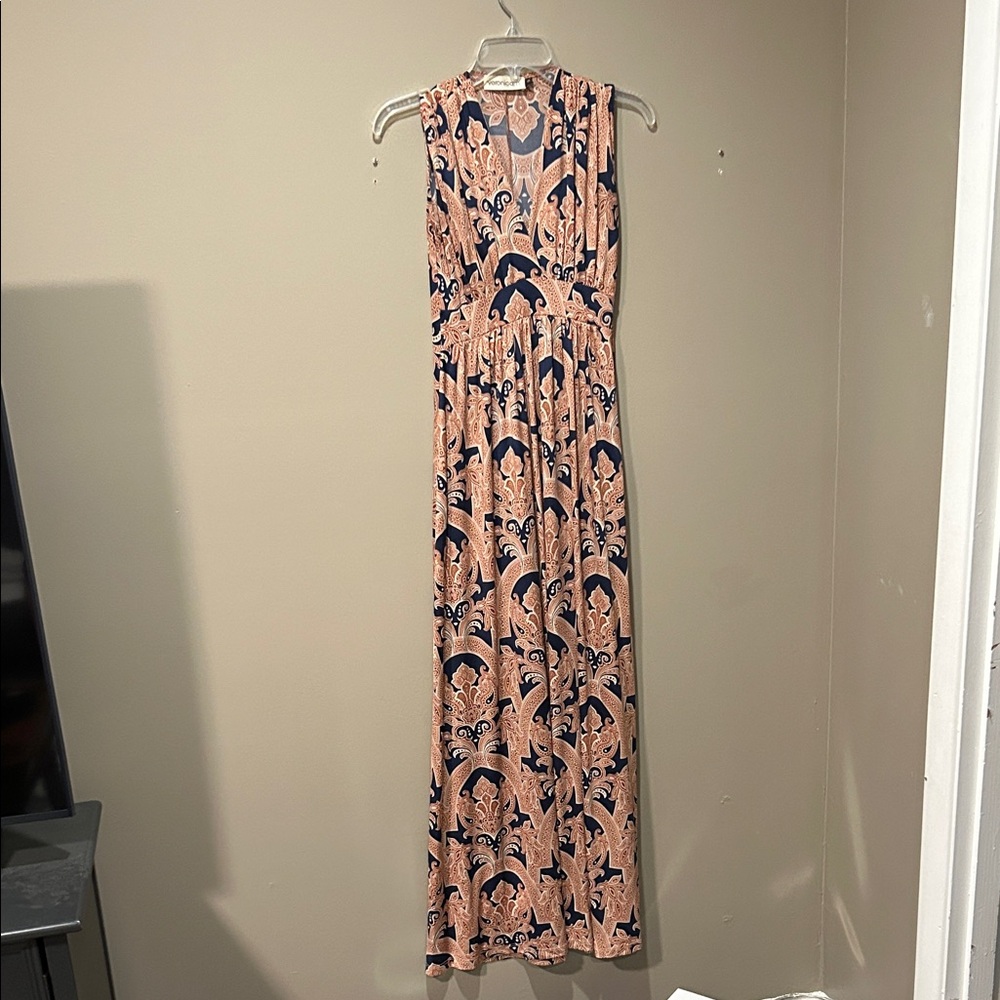 Veronica M Peach and Navy Patterned Maxi Dress